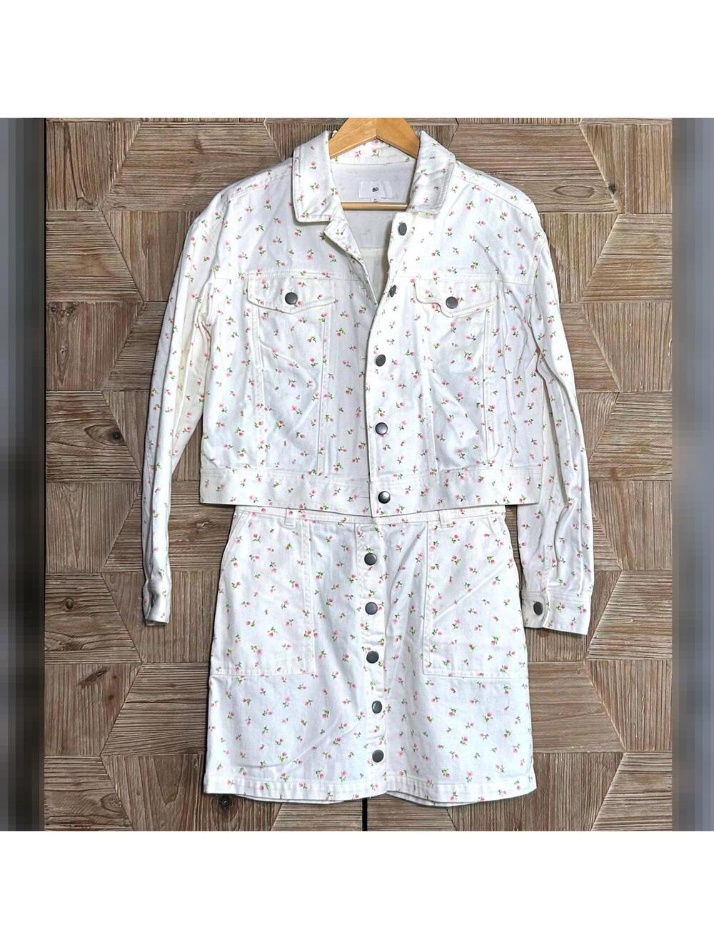 BP Floral Denim 2-Piece Set Jacket & Skirt Pink White Flowers Fairycore - Size M